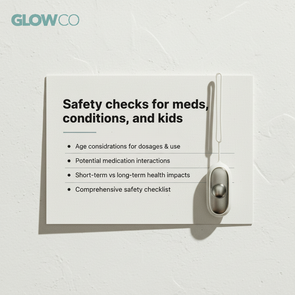 Safety checks for meds, conditions, and kids